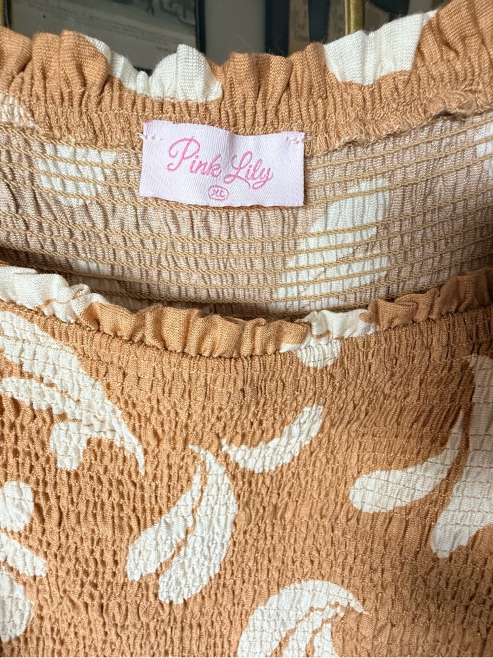 Pink Lily Tan and White Smocked Off-the-Shoulder Maxi Dress, XL - Picture 5 of 9